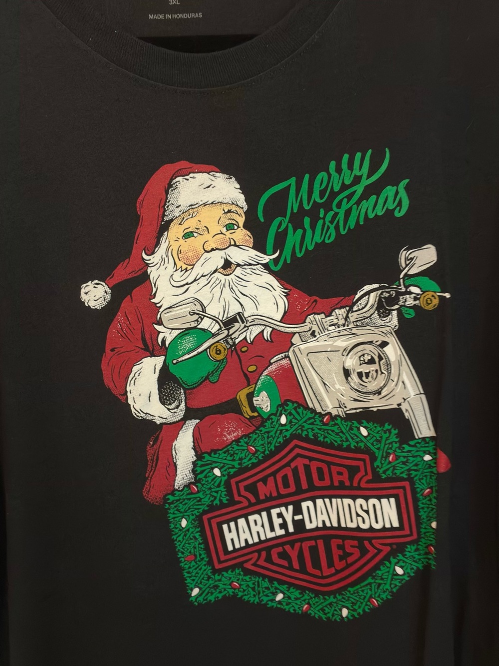 Harley-Davidson Black Tee with Red, Green & White Santa Motorcycle Graphic